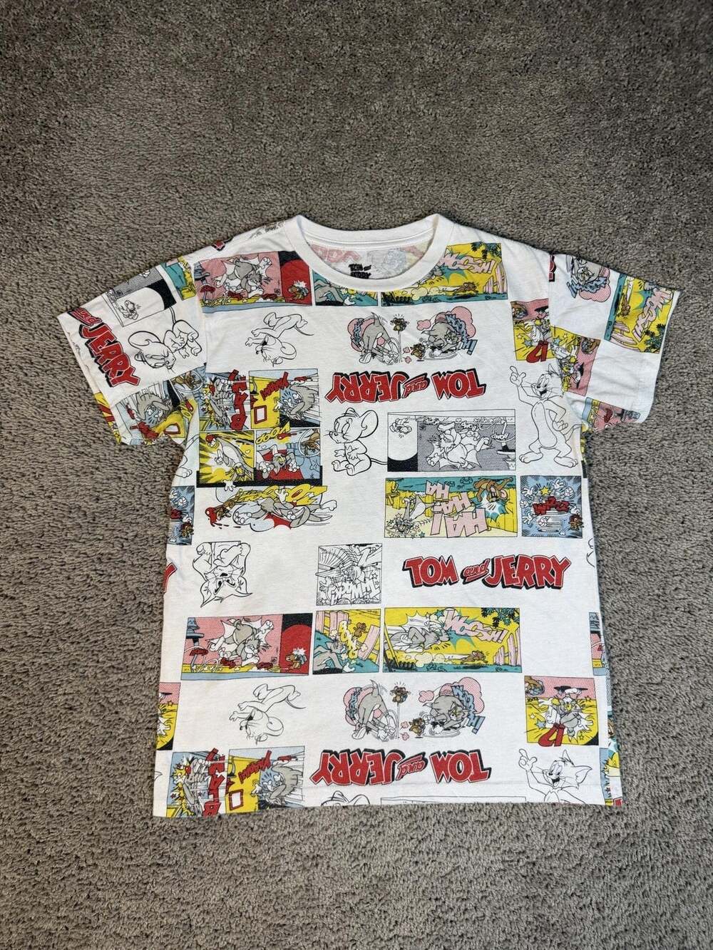 Tom And Jerry Shirt Mens M White Allover Comic Panel Graphic Crew Neck Cotton